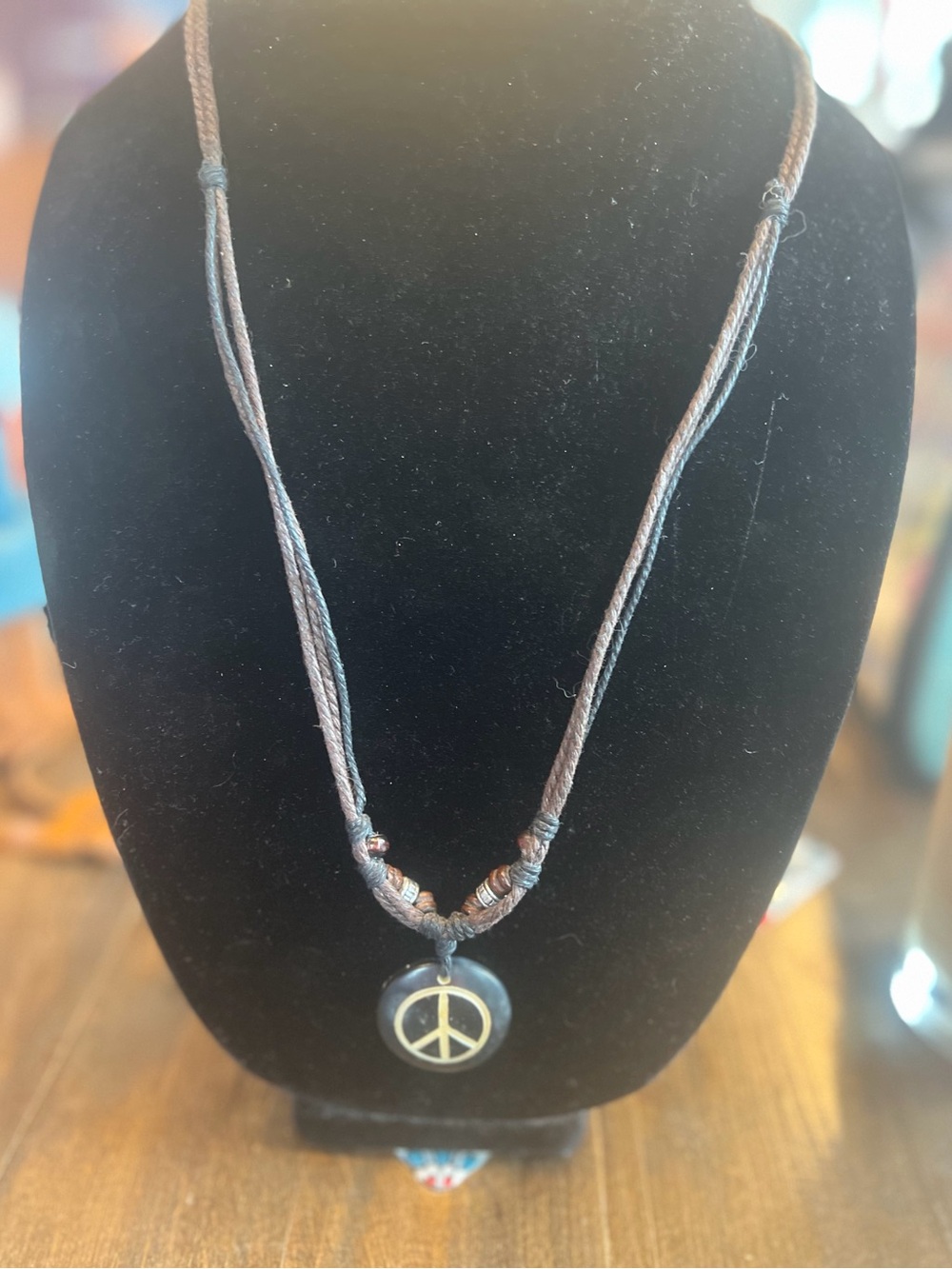 Handmade Brown Cord Necklace with Peace Sign Pendant - Unbranded